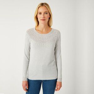 2/$30 White House Black Market Beaded Embroidered Neck Sweater Gray Small #A0124